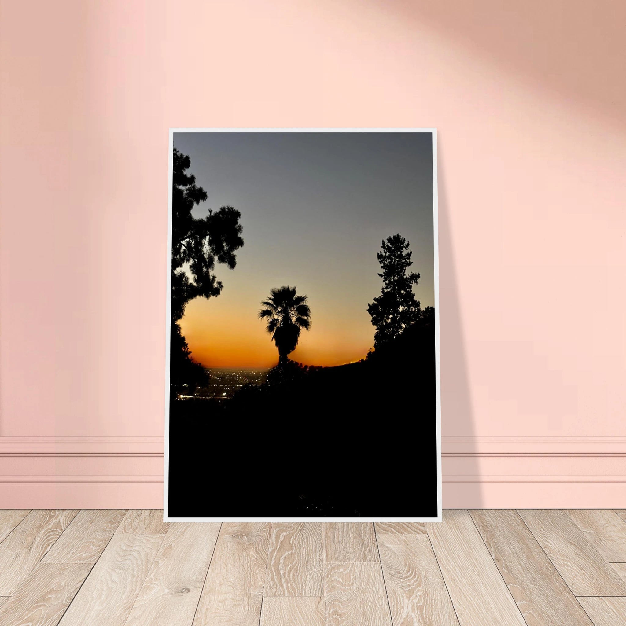 Framed Hollywood Hills sunset poster featuring Laurel Canyon in California, studio edition print on high-quality material.