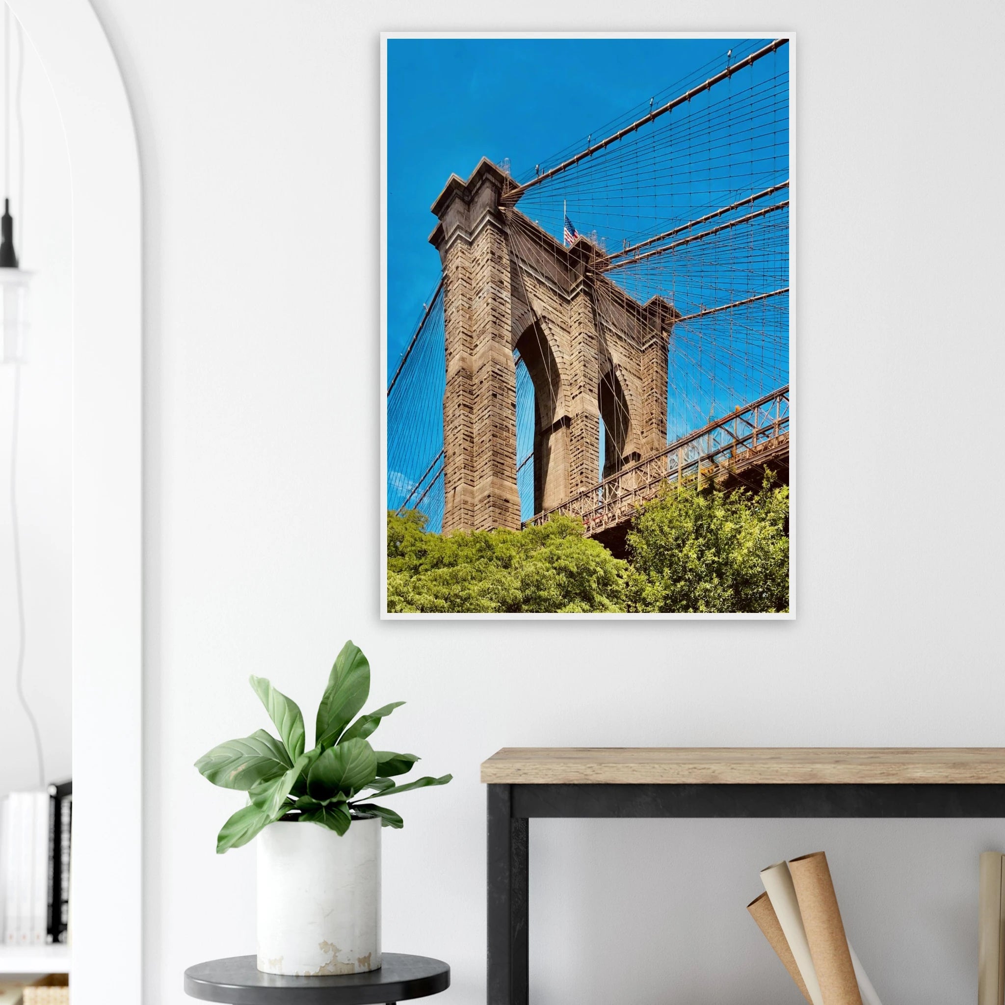 Framed NYC Brooklyn Bridge poster featuring a Dumbo view, part of the Studio Edition travel collection, showcasing iconic New York City scenery.