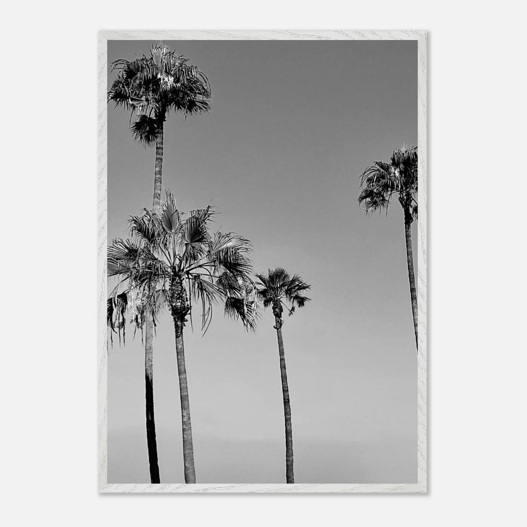 Premium wooden framed black and white California poster art featuring SoCal beach icons, semi-glossy finish.