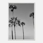 Premium wooden framed black and white California poster art featuring SoCal beach icons, semi-glossy finish.
