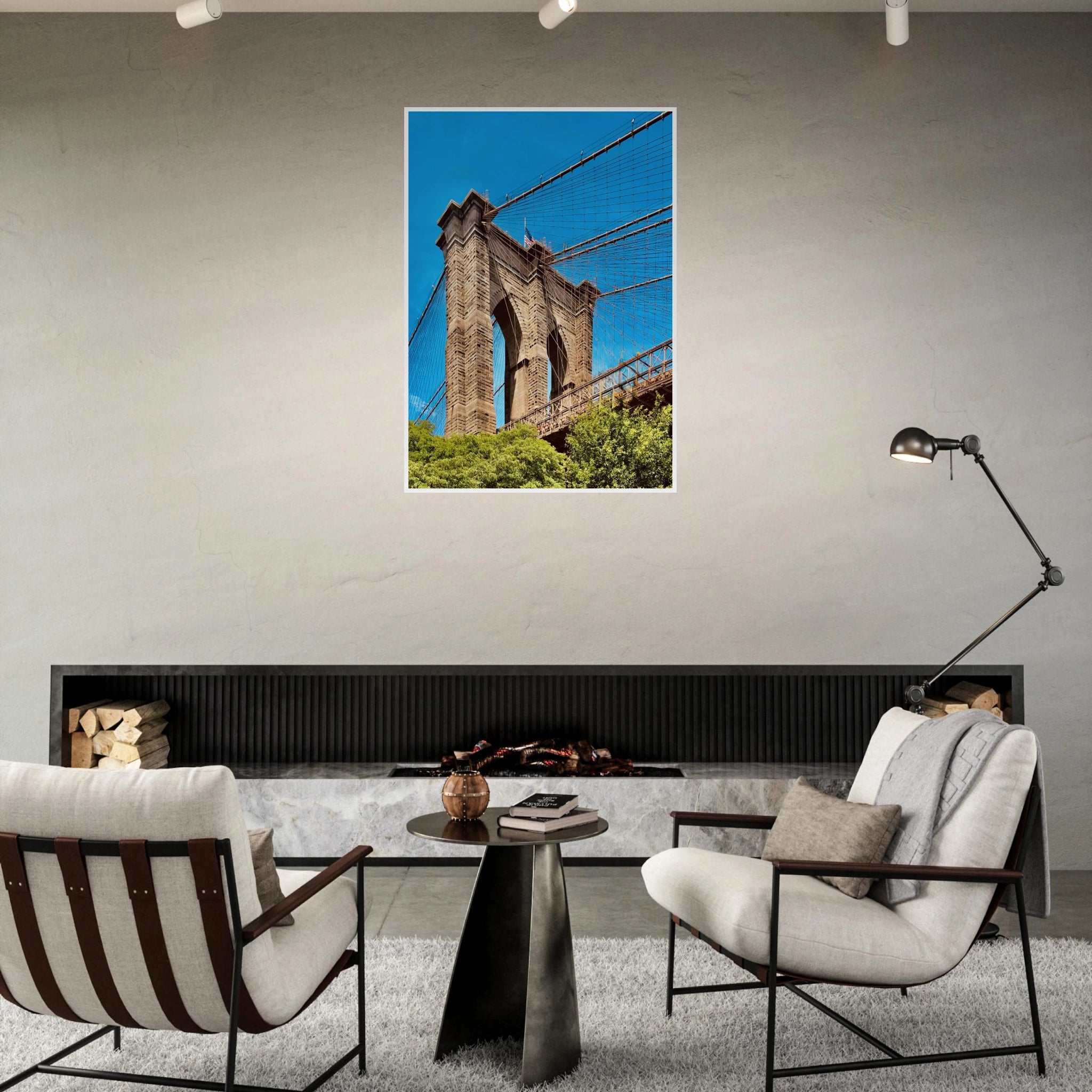 Framed NYC Brooklyn Bridge poster showcasing a Dumbo view, ideal for travel-themed home decor.