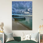 Brushed aluminum print of a calm Caribbean beach scene featuring a fisherboat, part of CaliCuration's Tulum travel collection.