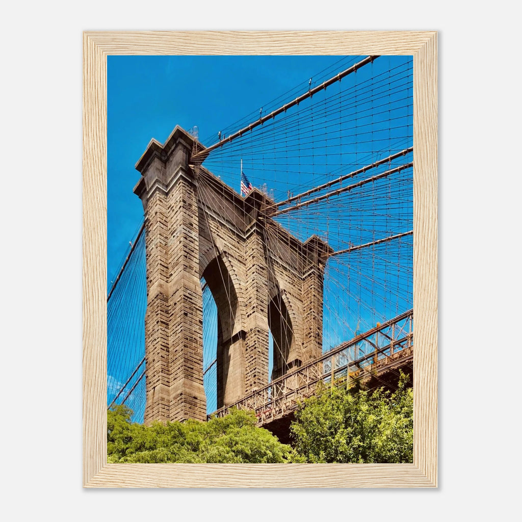 Framed NYC Brooklyn Bridge poster by My Store featuring a Dumbo view, perfect for travel decor and summer ambiance.