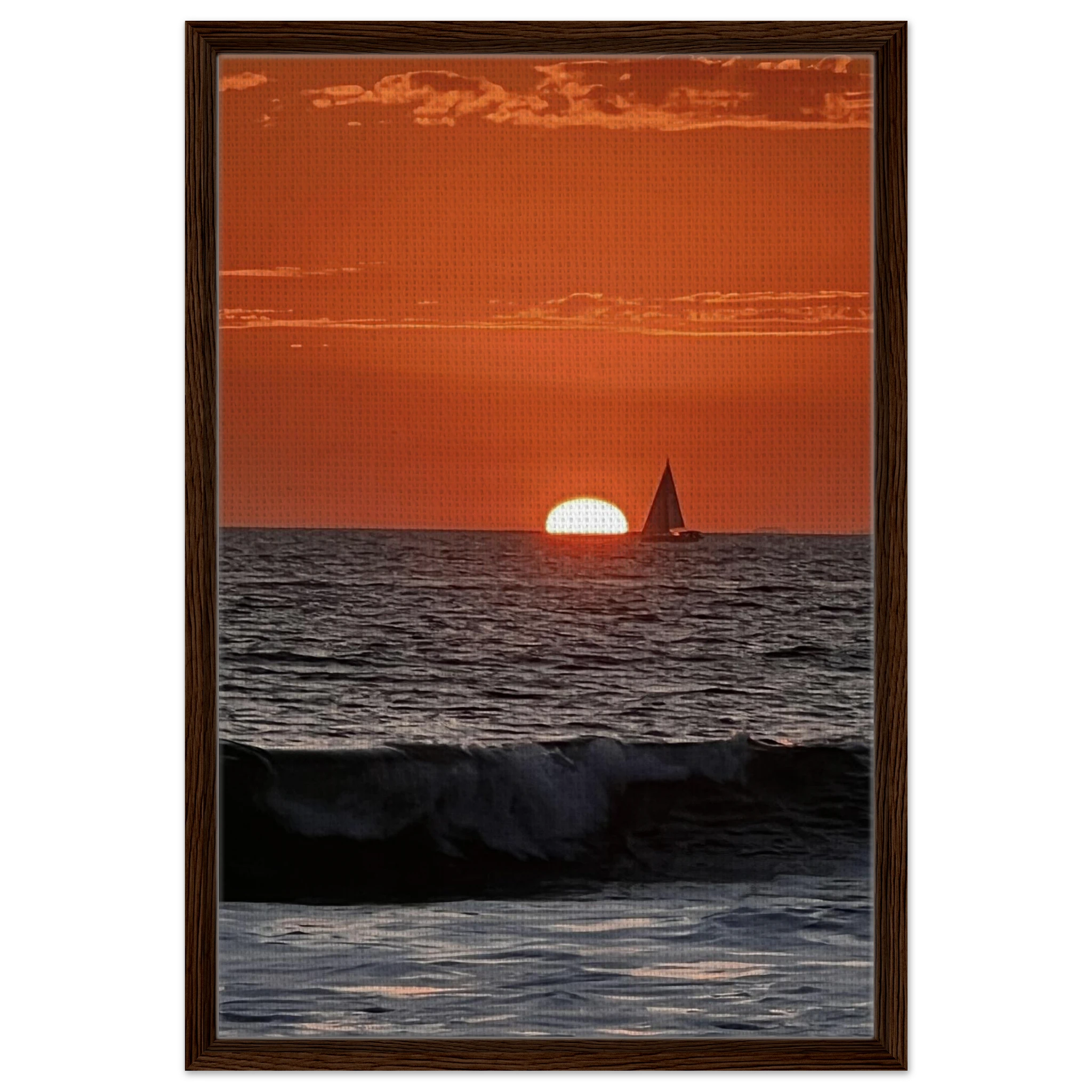 Wooden framed canvas print of California Red Sunset Series 4/4 by CaliCuration, featuring vibrant red sunset hues in a studio edition.