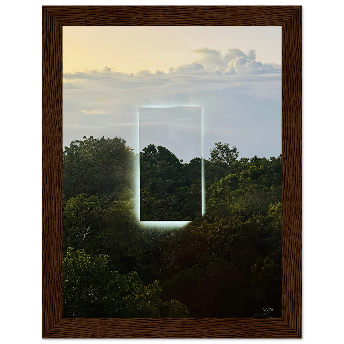 Color print of "A Window into Jungle Stillness" art by CaliCuration, exclusive edition of 5, featuring lush jungle scenery on high-quality paper.