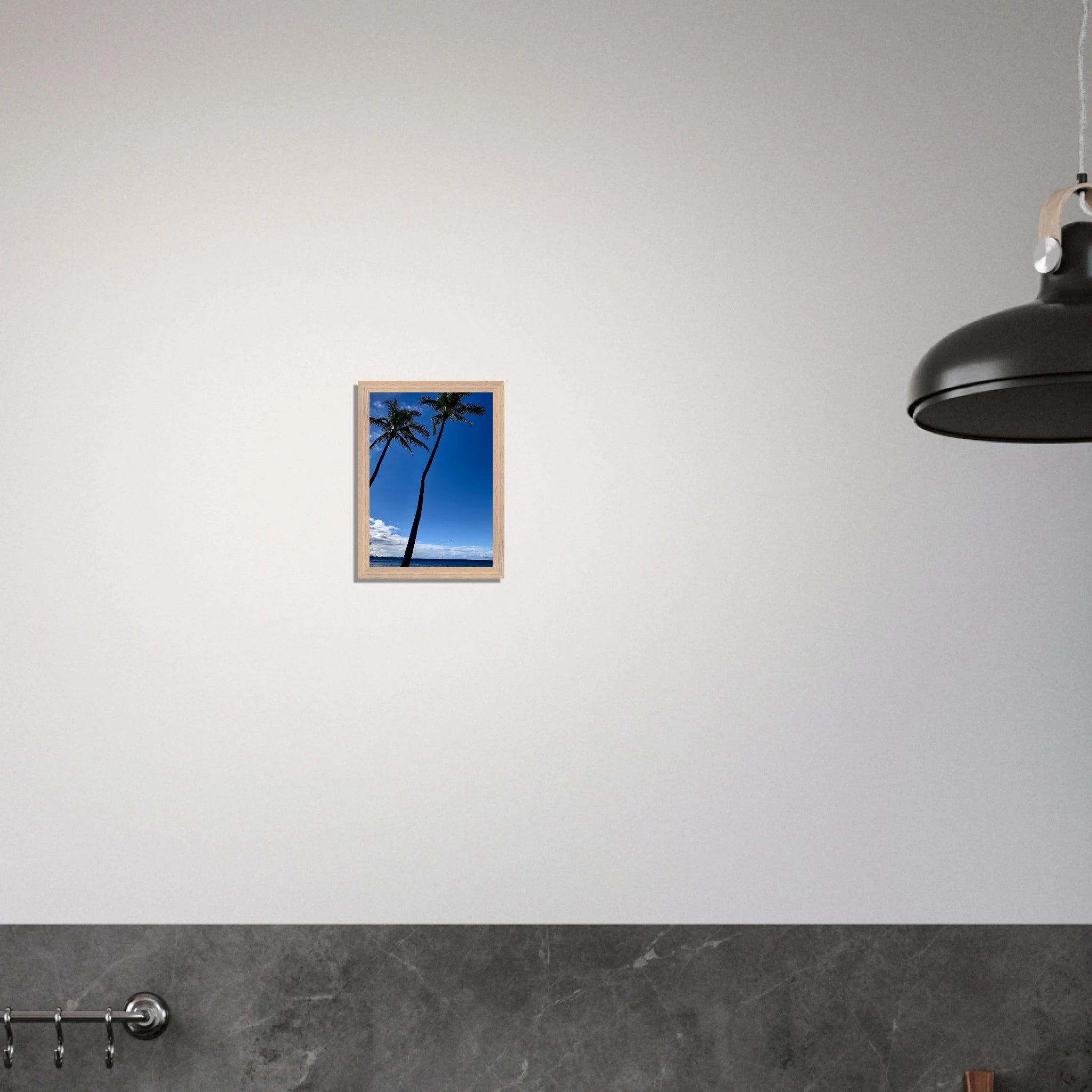 Framed print of Hawaii iconic palm tree twins and Pacific waves from CaliCuration's travel collection studio edition Spring 2026.