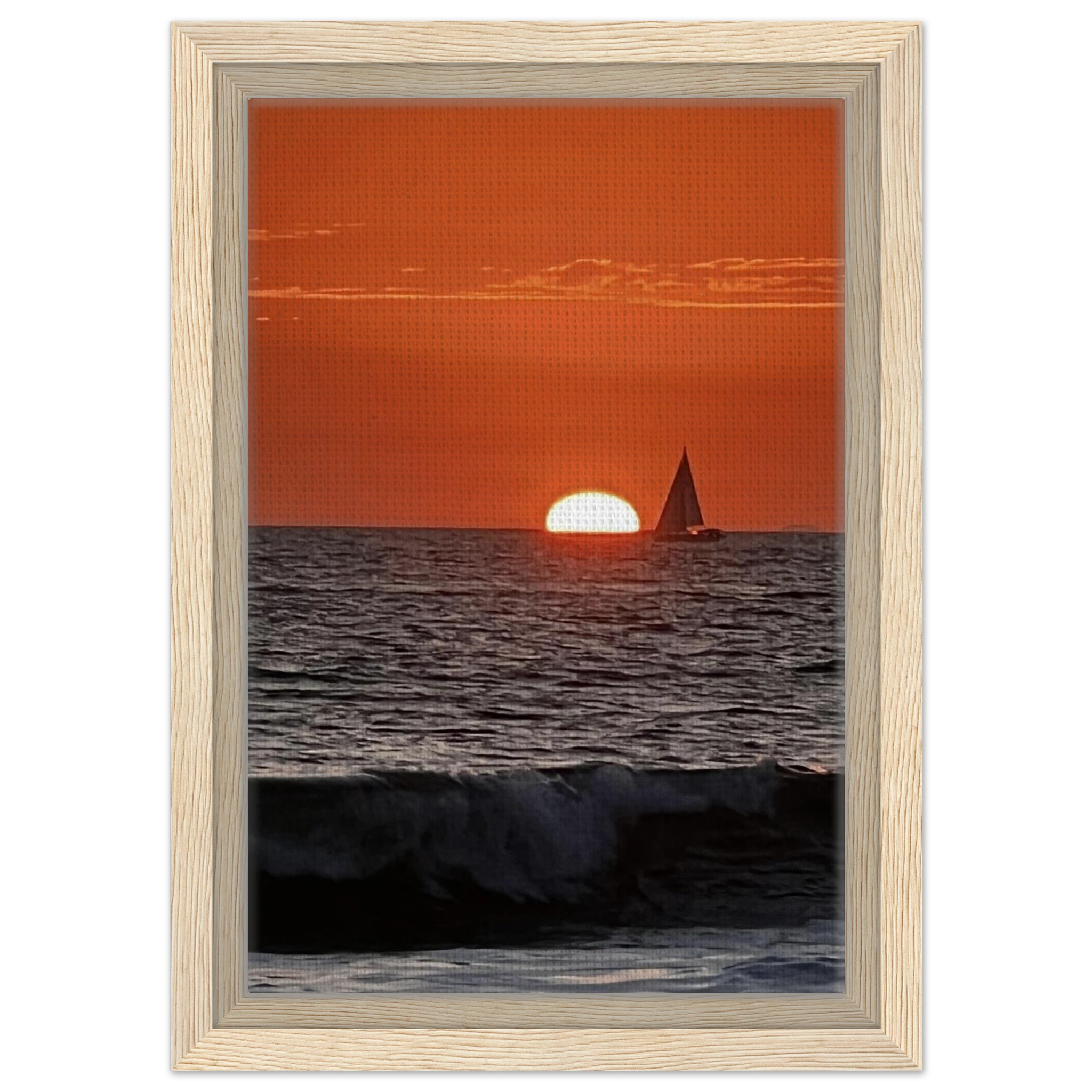 Wooden framed canvas print of California Red Sunset Series 4/4 by CaliCuration, featuring vibrant red sunset hues.