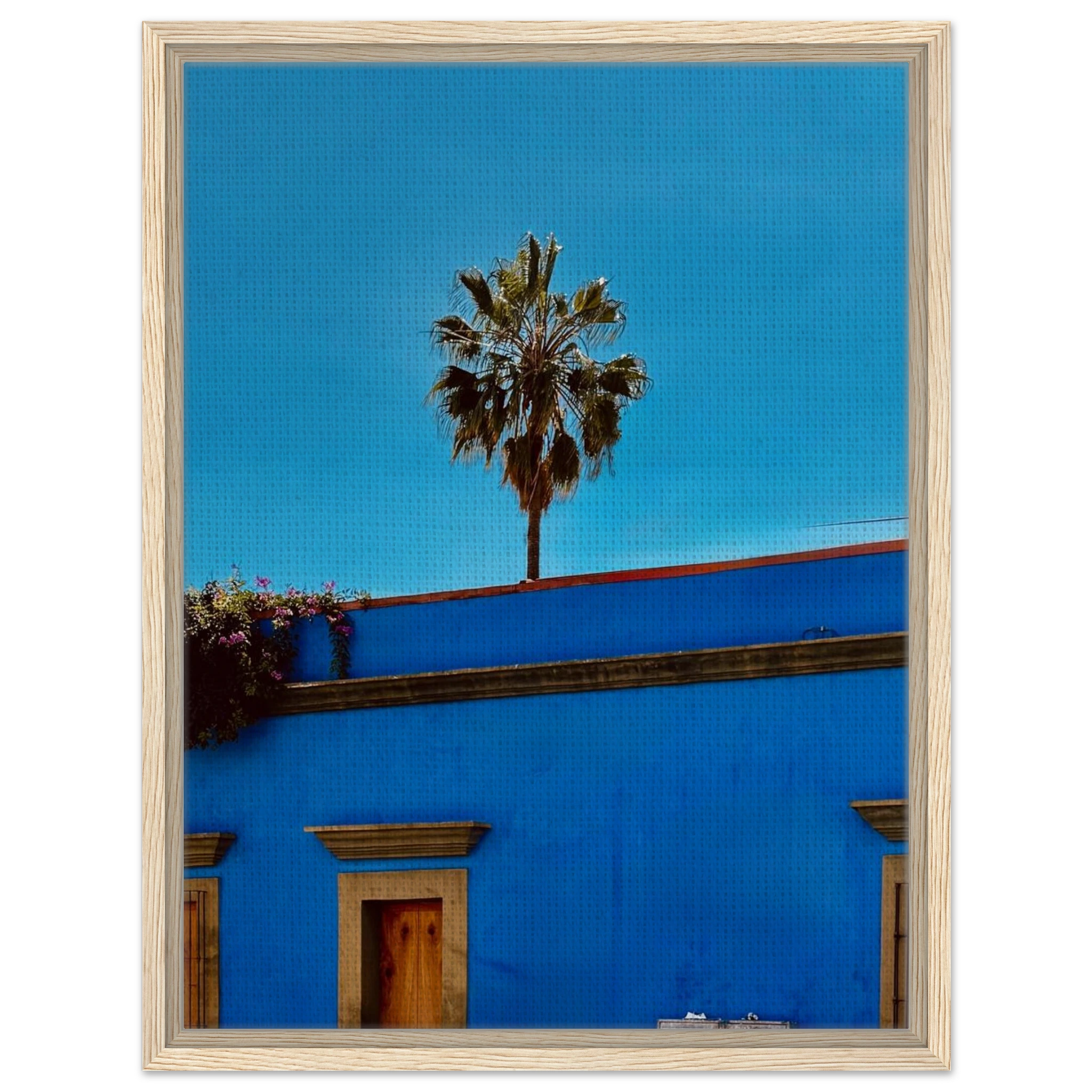 Oaxaca streets scene with palm trees in a blue framed canvas print by CaliCuration, part of the Mexico travel collection.