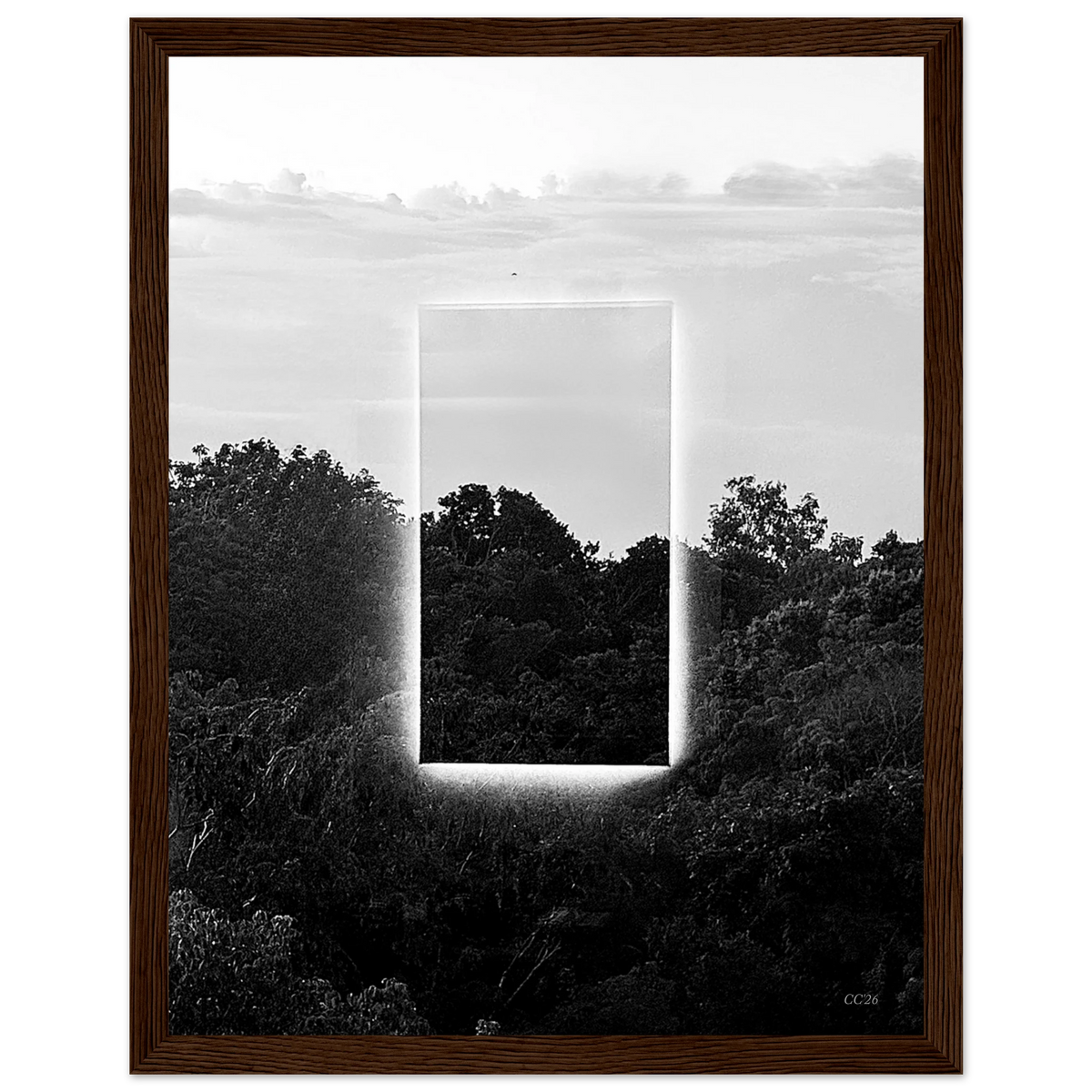 Black and white print titled "A Window into Jungle Stillness" by CaliCuration, showcasing a serene jungle scene.