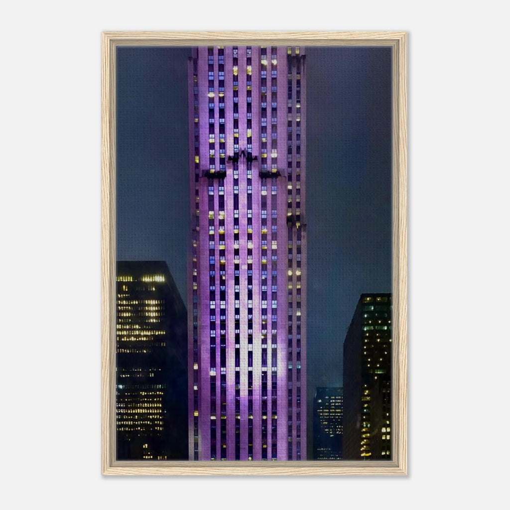 Framed canvas print of NYC holiday skyline in purple hues from the Travel Collection, showcasing iconic city buildings.