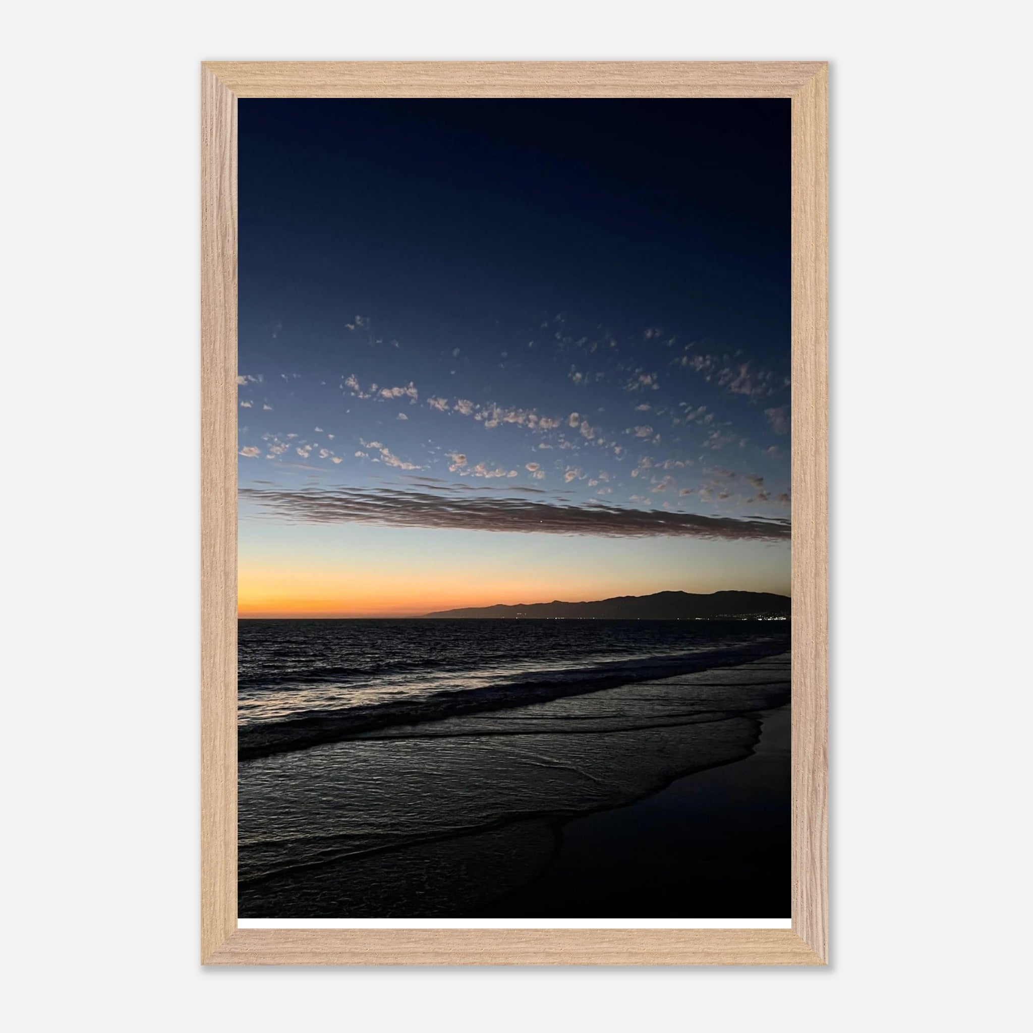 Premium wooden framed poster of a vibrant SoCal fall sunset, showcasing California scenery with semi-glossy finish for home decor.