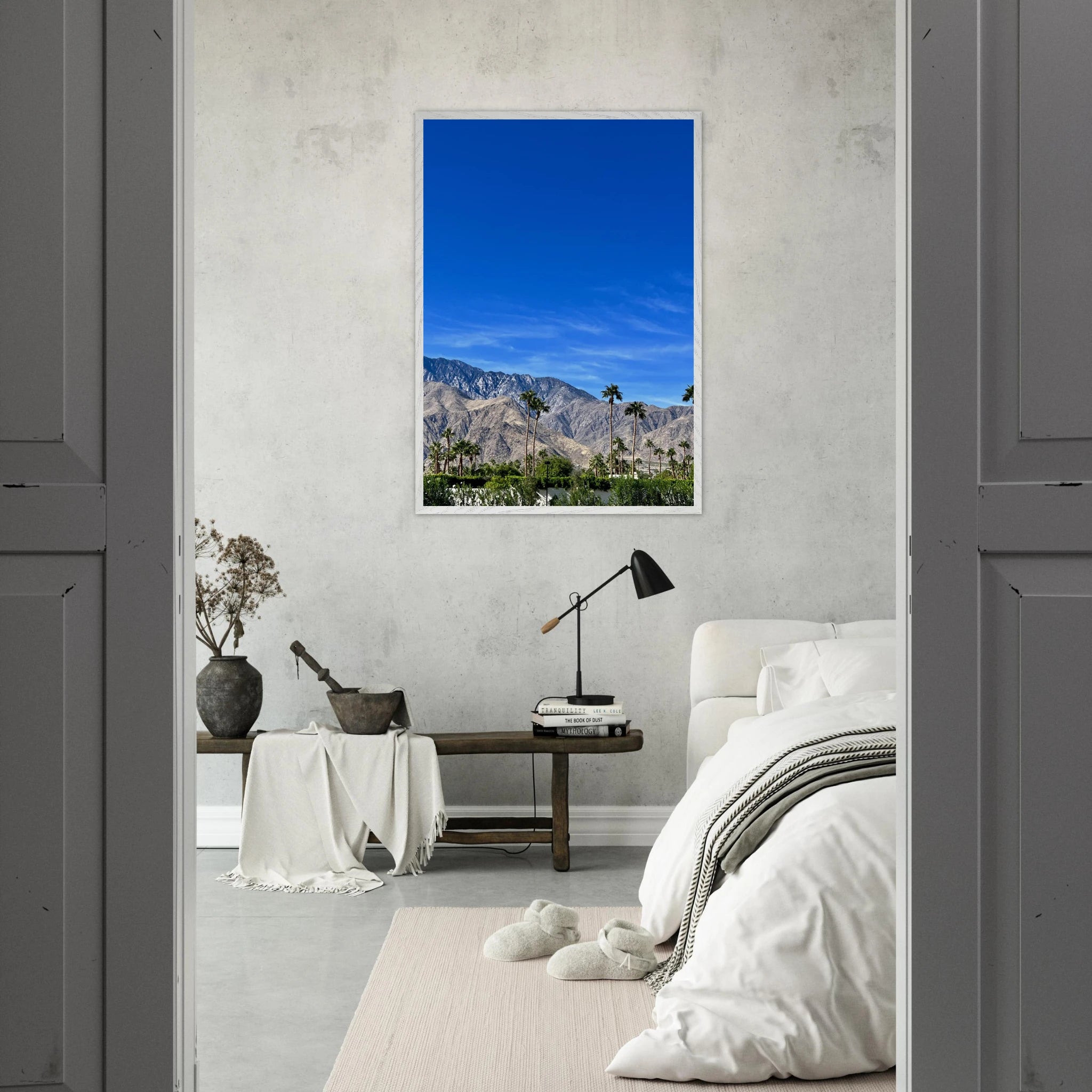 Wooden framed poster of a sunny fall day in Palm Springs, California, featuring vibrant autumn colors and scenic landscape art.