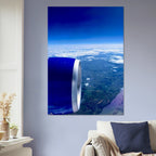 Aluminum print of an airplane turbine with a cross-Atlantic view, part of the Studio Edition travel collection artwork.