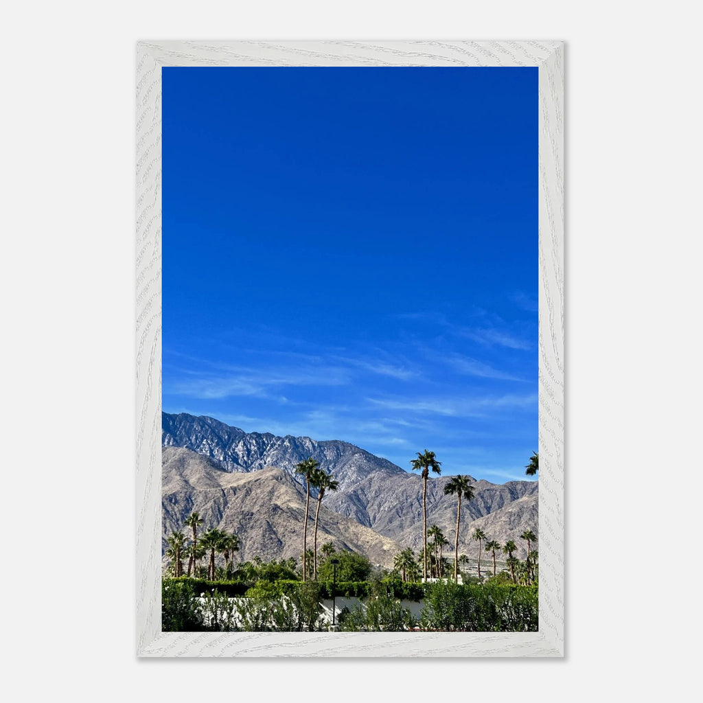 Premium wooden framed poster of a sunny fall day in Palm Springs, California, featuring colorful autumn scenery artwork by Studio Edition.