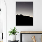 Black and white semi-glossy poster print of Hollywood Hills moon landscape in a wooden frame, part of the Fall New Moon series.