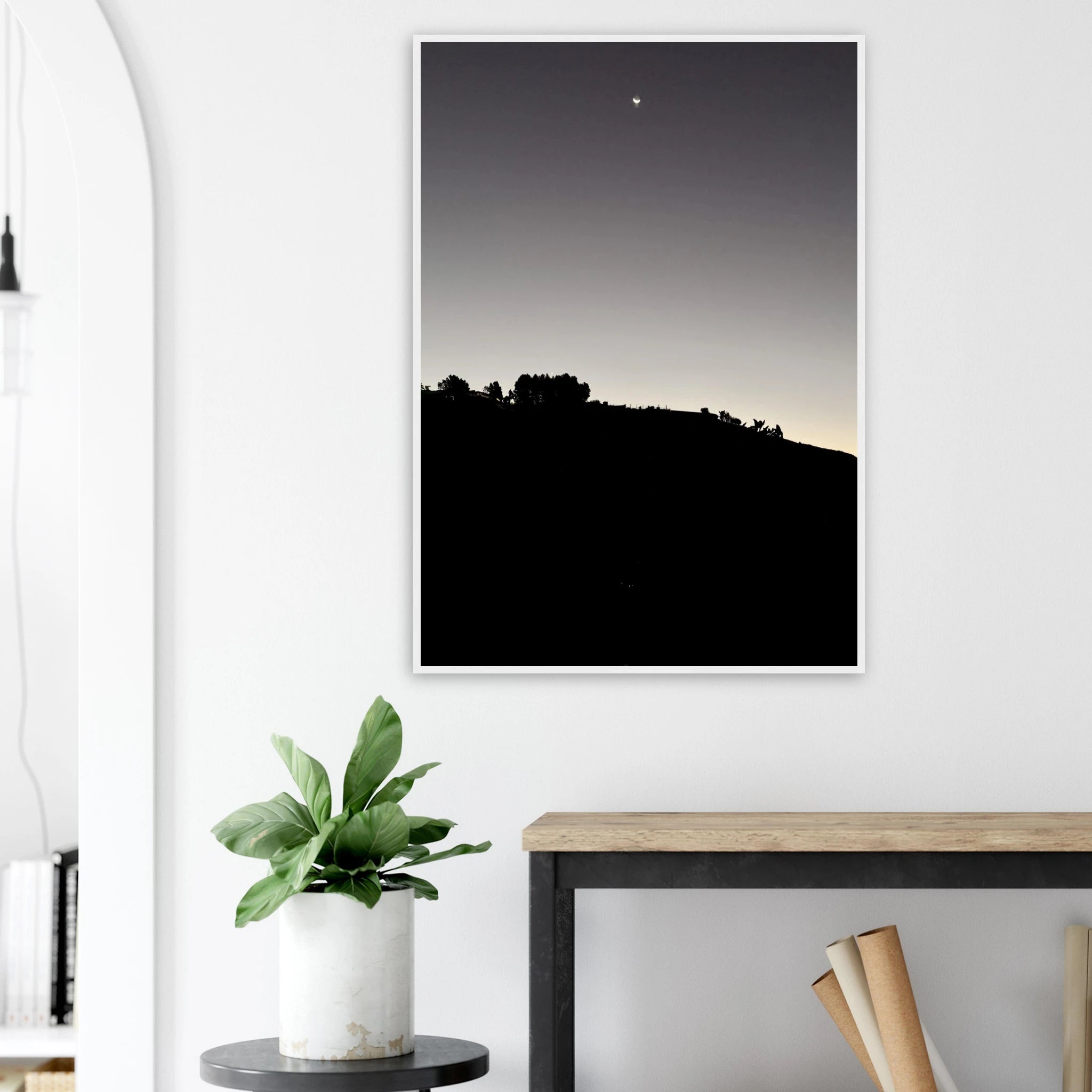 Black and white semi-glossy poster print of Hollywood Hills moon landscape in a wooden frame, part of the Fall New Moon series.