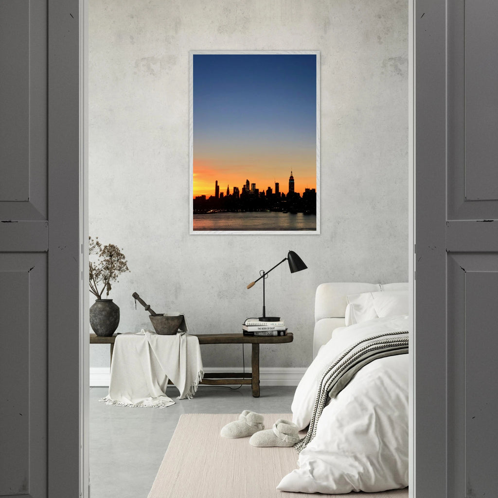 Wooden framed print of Manhattan skyline sunset, majestic wall art from the travel collection, studio edition, for home décor.