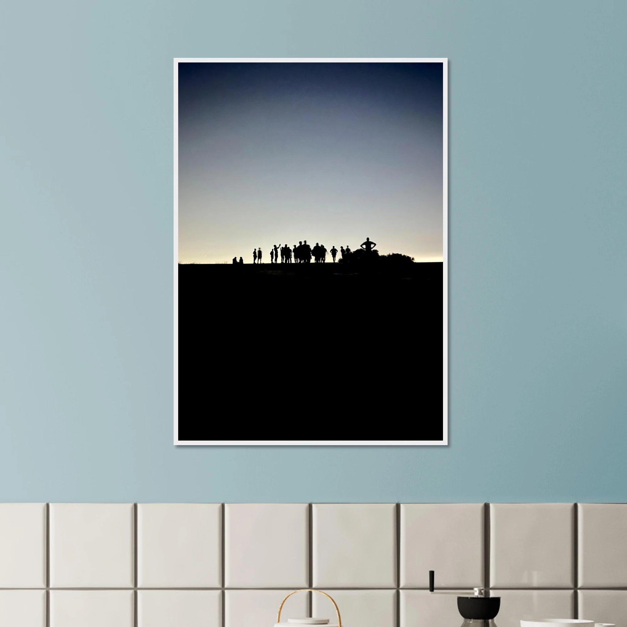 Black and white framed poster of Hollywood Hills with city lights, California scenery, from the Summer Hike series by My Store.