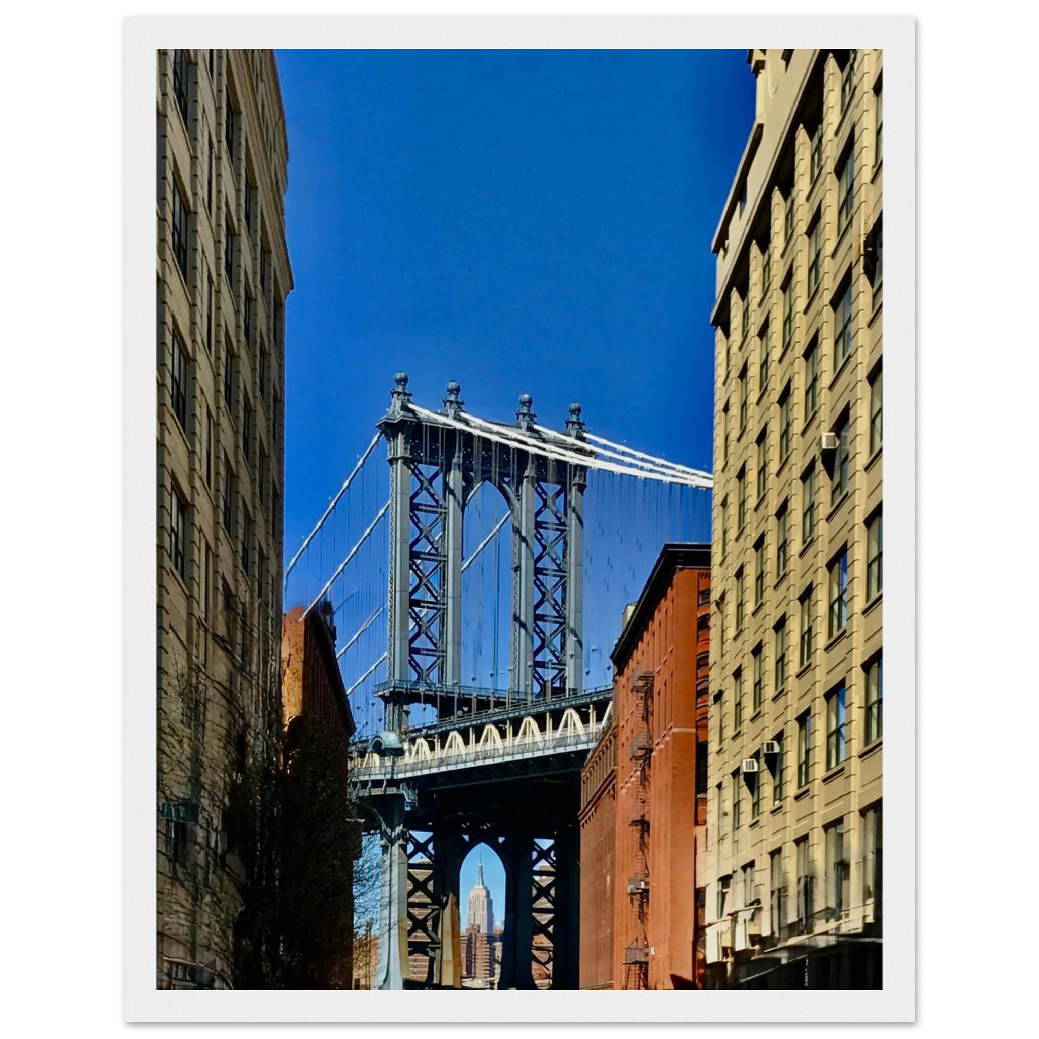 Wooden framed print of NYC Dumbo skyline featuring spring day decor, from CaliCuration's travel collection wall art.