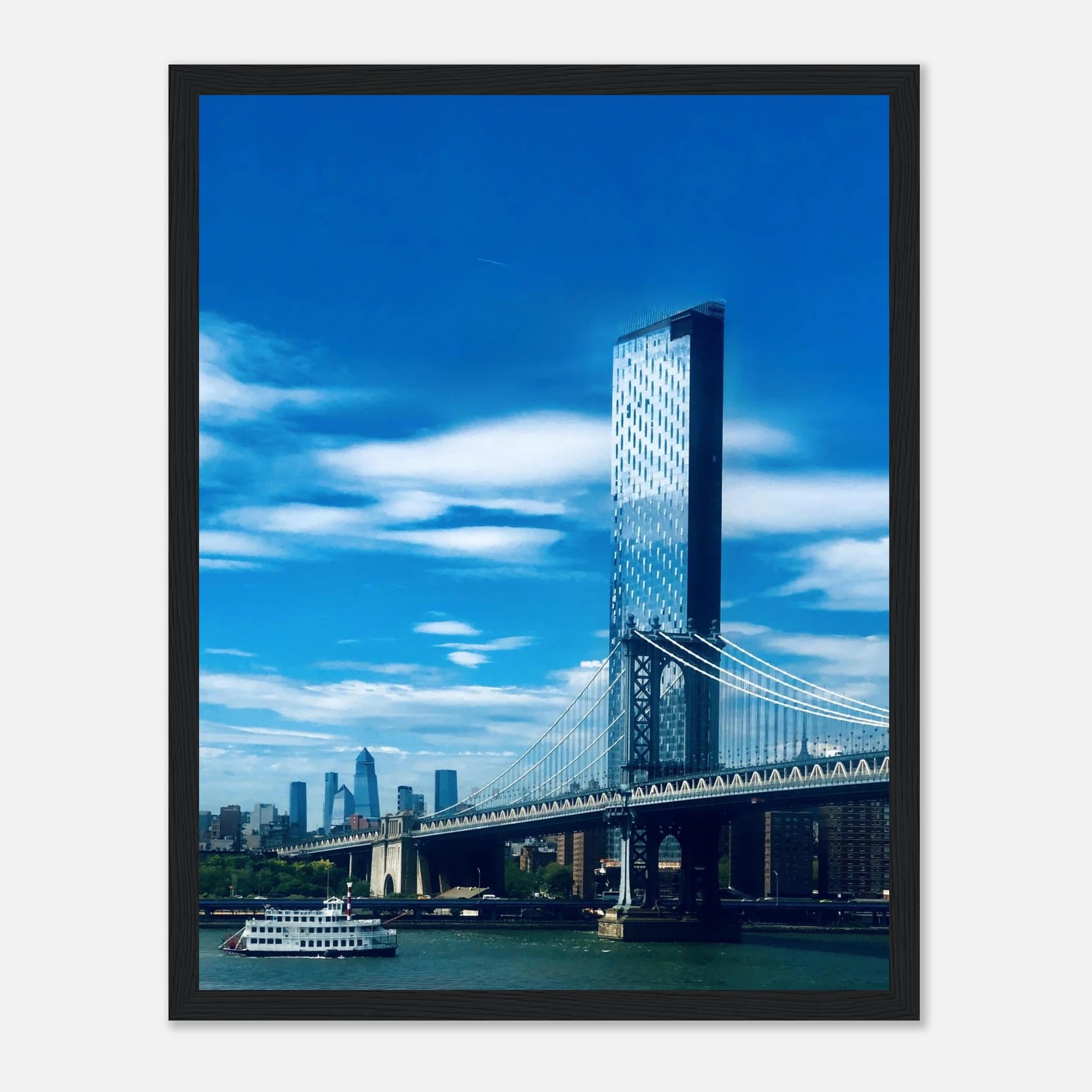 Framed NYC Manhattan Bridge and East River urban photography print, showcasing iconic New York City skyline and bridge details.