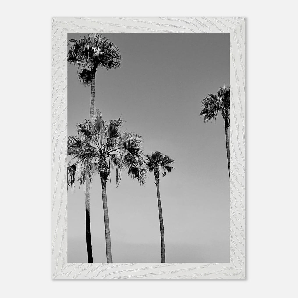 Black and white California poster art featuring SoCal beach icons in a premium wooden frame, semi-gloss finish.