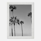 Black and white California poster art featuring SoCal beach icons in a premium wooden frame, semi-gloss finish.