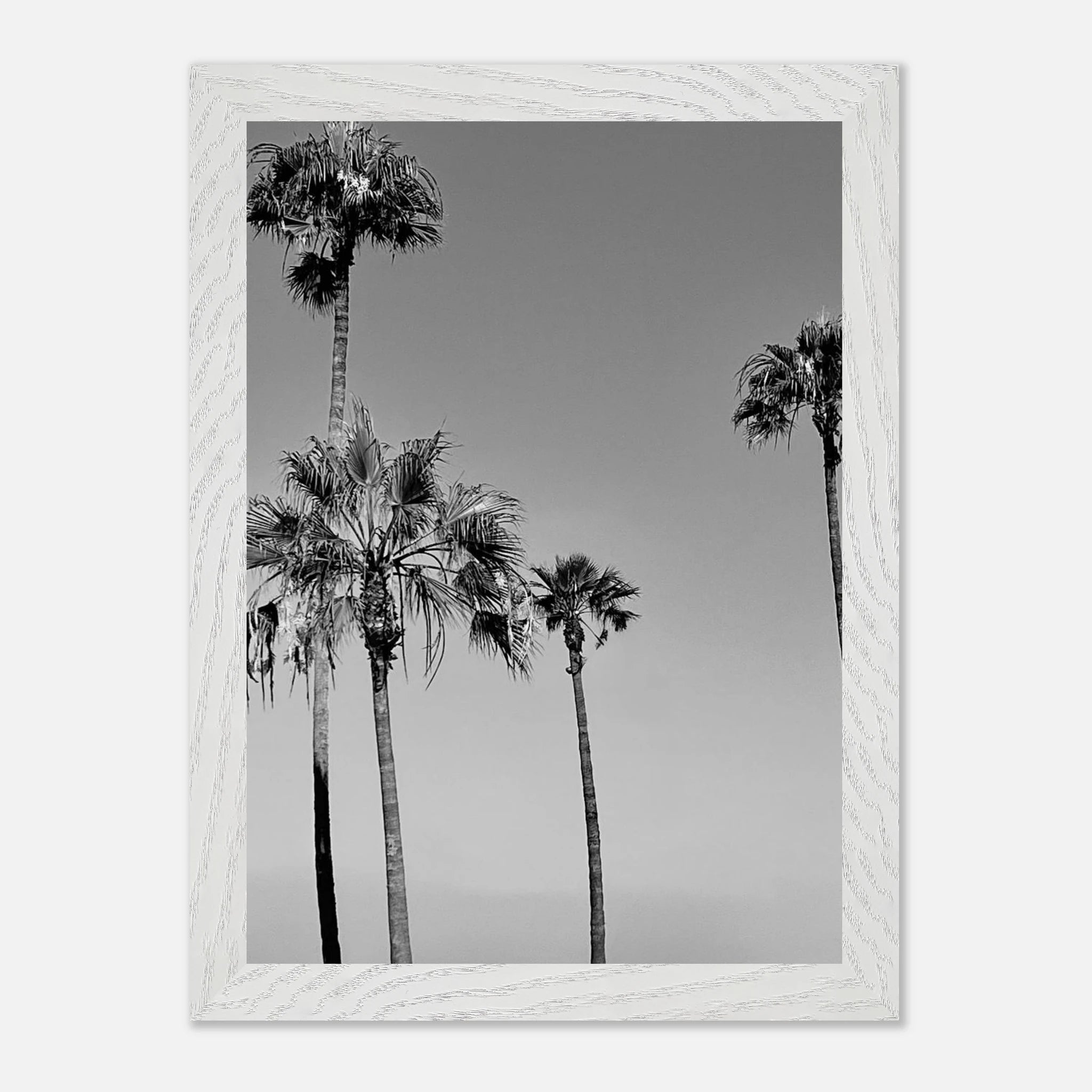 Black and white California poster art featuring SoCal beach icons in a premium wooden frame, semi-gloss finish.