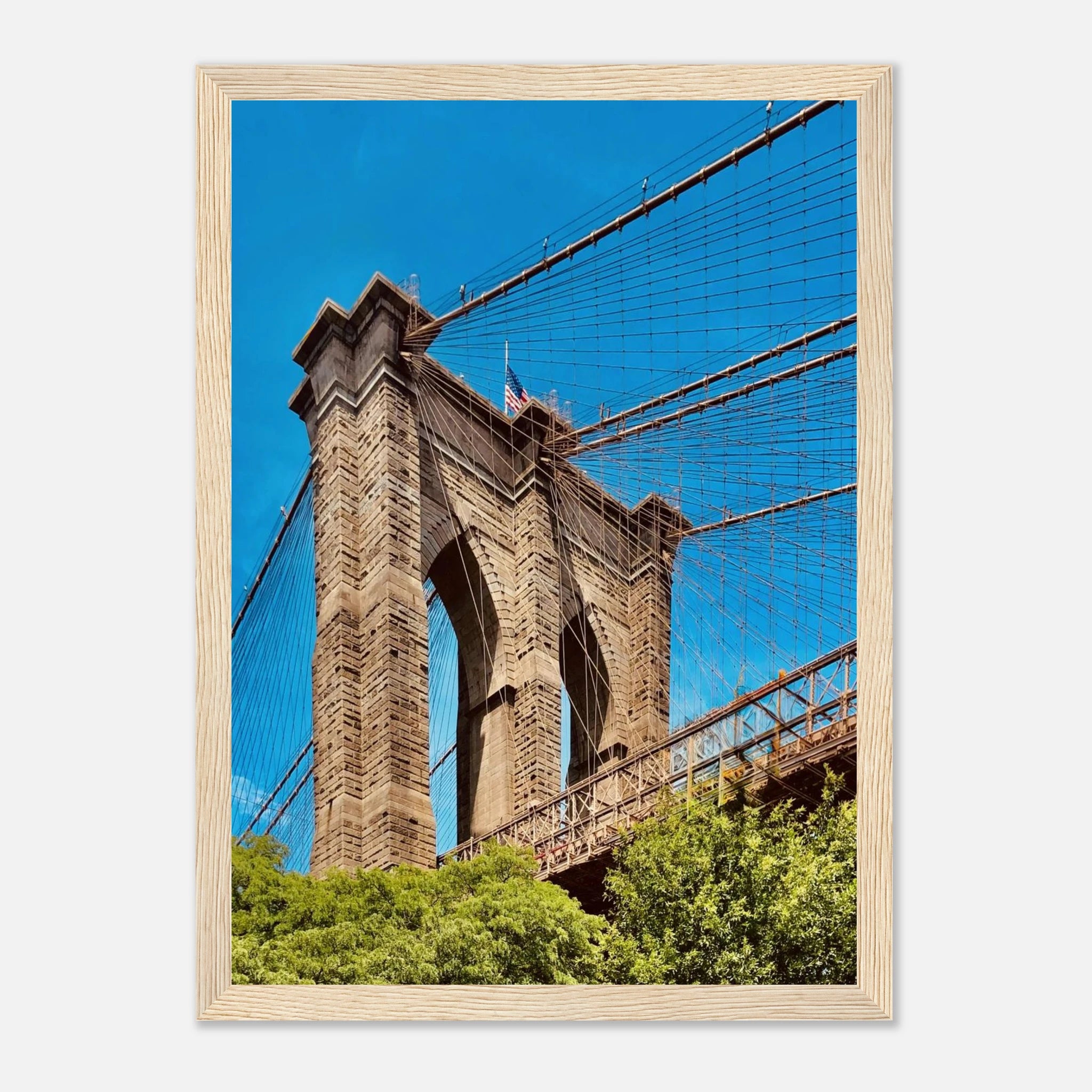 Framed print of the NYC Brooklyn Bridge with Dumbo view, part of the travel collection by My Store, showcasing a vibrant summer scene.
