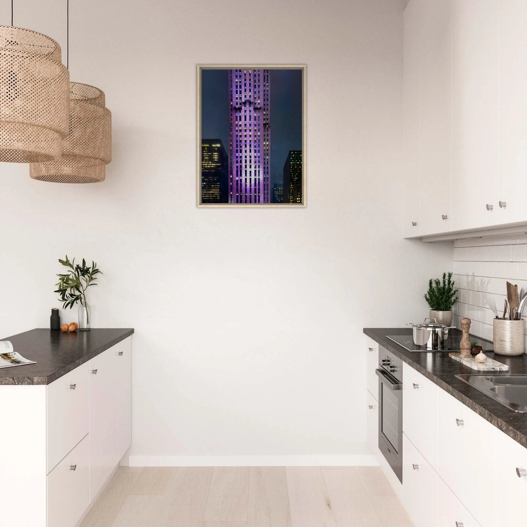 NYC Holiday Skyline framed canvas art in purple, featuring a stylish cityscape print from the Travel Collection, Studio Edition.