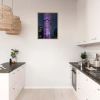 NYC Holiday Skyline framed canvas art in purple, featuring a stylish cityscape print from the Travel Collection, Studio Edition.