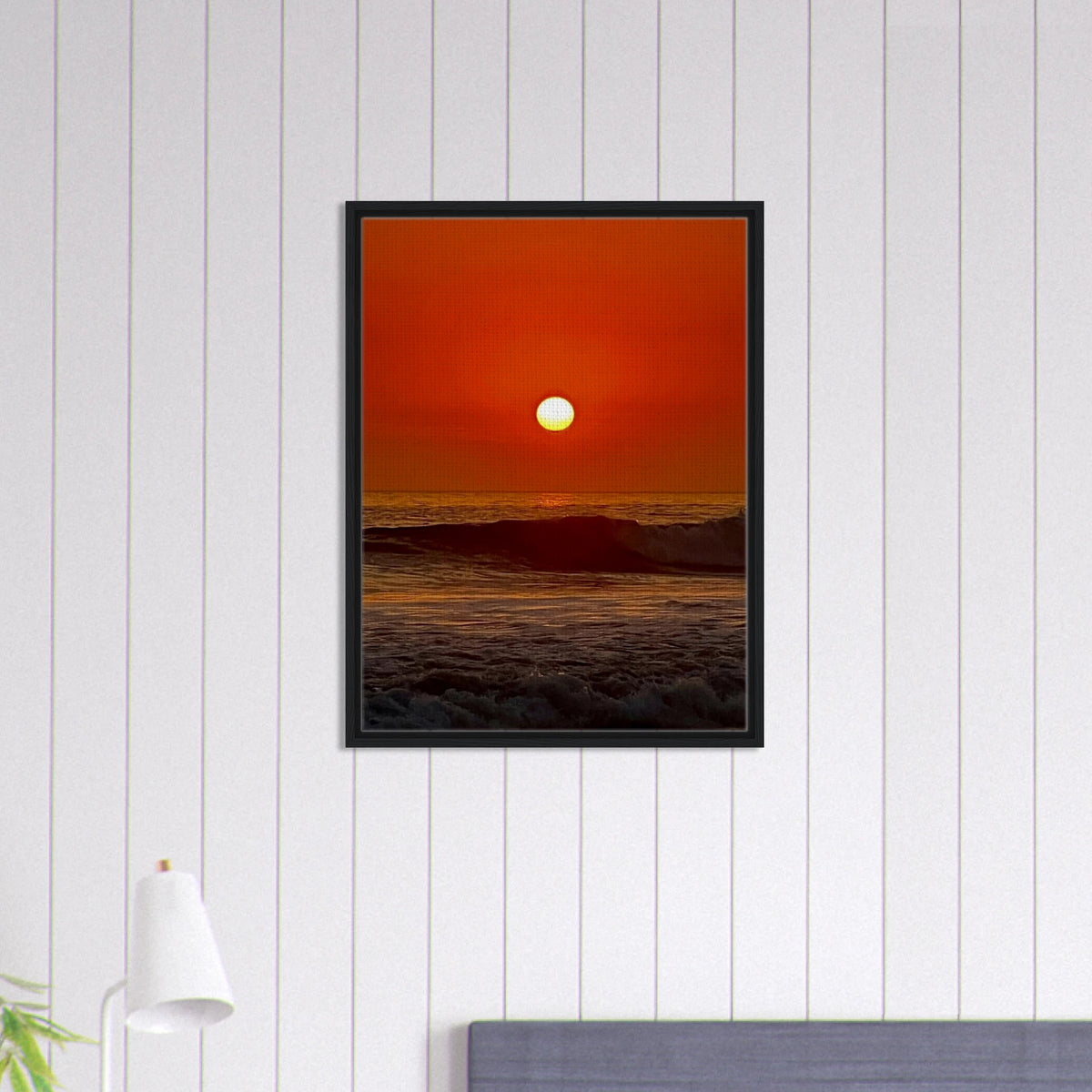 Southern California Red Sunset framed canvas print by CaliCuration featuring a vibrant sunset scene on canvas.