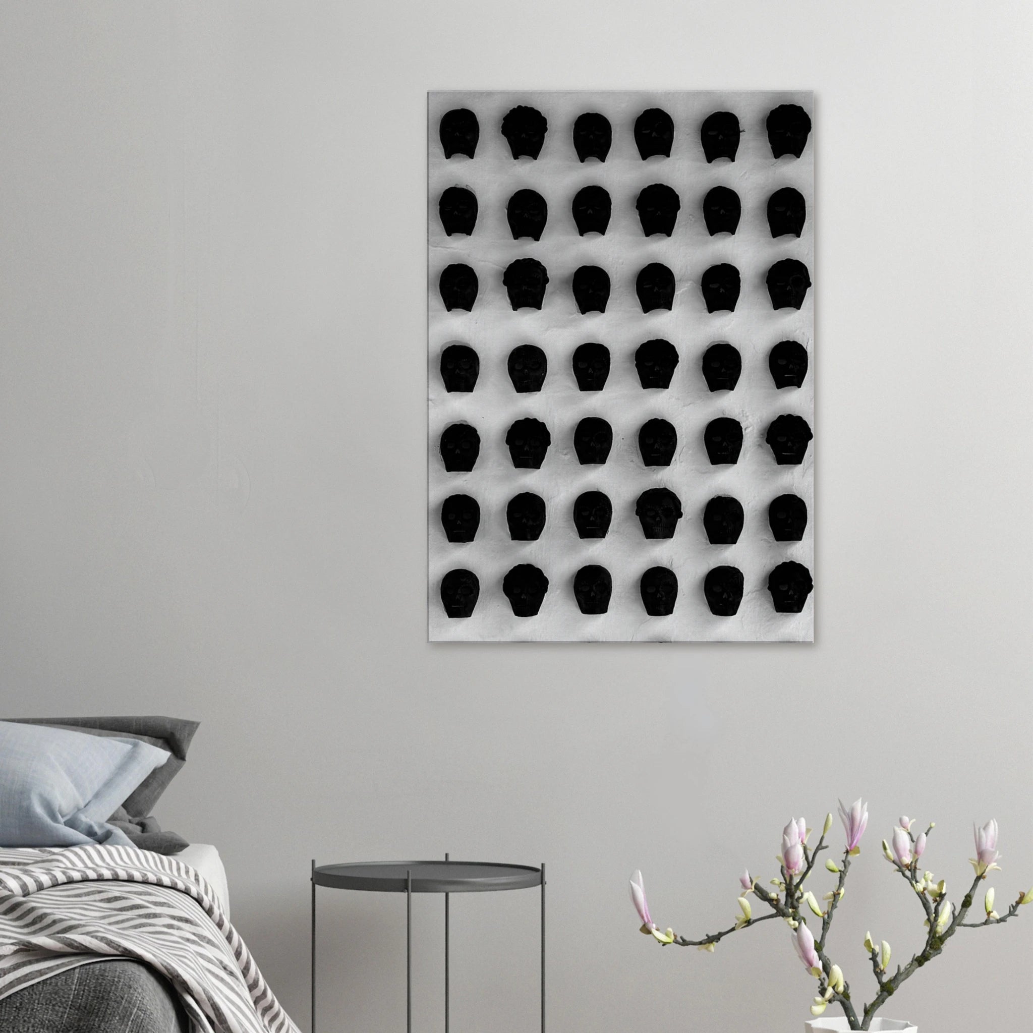 Black and white monochrome skull grid canvas wall art by My Store, featuring minimalist abstract skull photography for modern decor.