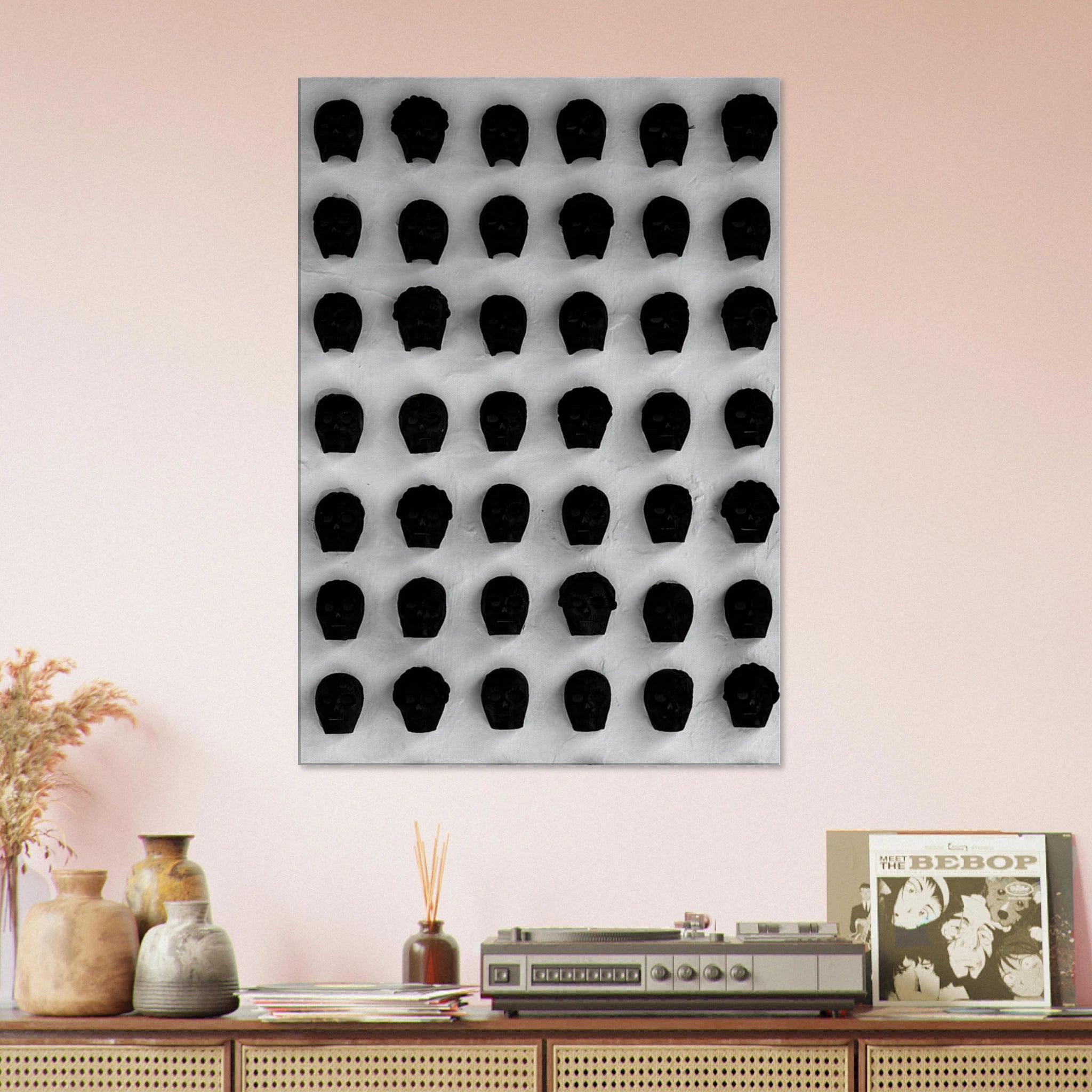 Black and white monochrome skull grid canvas wall art, minimalist abstract photography print for modern interior decor.