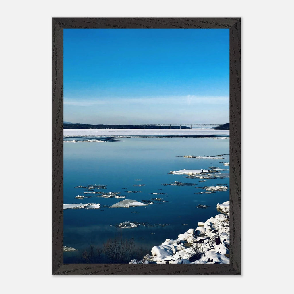 Wooden framed Hudson Valley winter poster print by My Store, featuring snowy landscape and holiday travel vibes in a stylish studio edition.