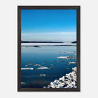 Wooden framed Hudson Valley winter poster print by My Store, featuring snowy landscape and holiday travel vibes in a stylish studio edition.