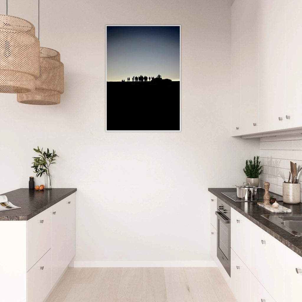 Black and white framed poster of Hollywood Hills and California city lights, studio edition print for summer hike decor.