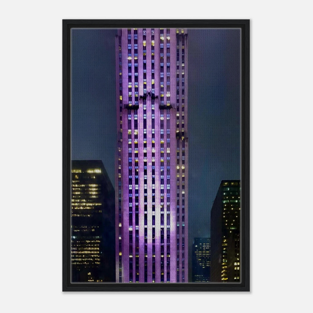 Framed canvas print of NYC holiday skyline in purple hues from the Travel Collection, Studio Edition, showcasing vibrant cityscape art.
