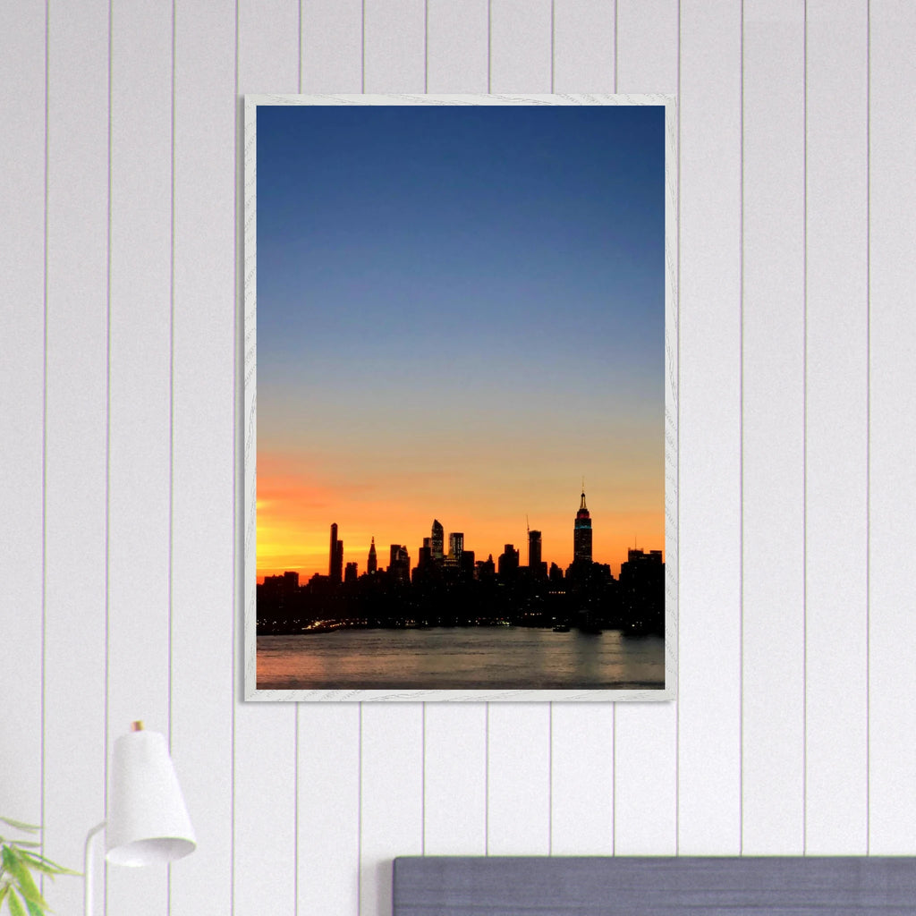 Manhattan skyline sunset framed poster, NYC wall art print on durable material showcasing iconic cityscape at dusk