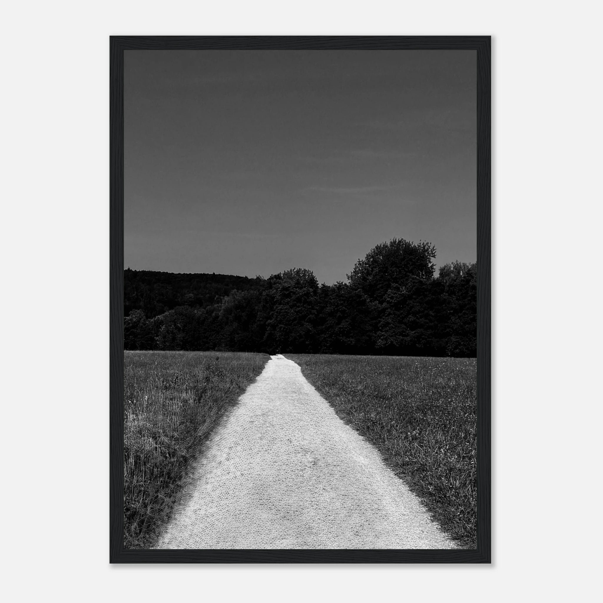 Black and white framed print of a summer road scene from the Travel Collection, showcasing timeless chic and holiday imagery.
