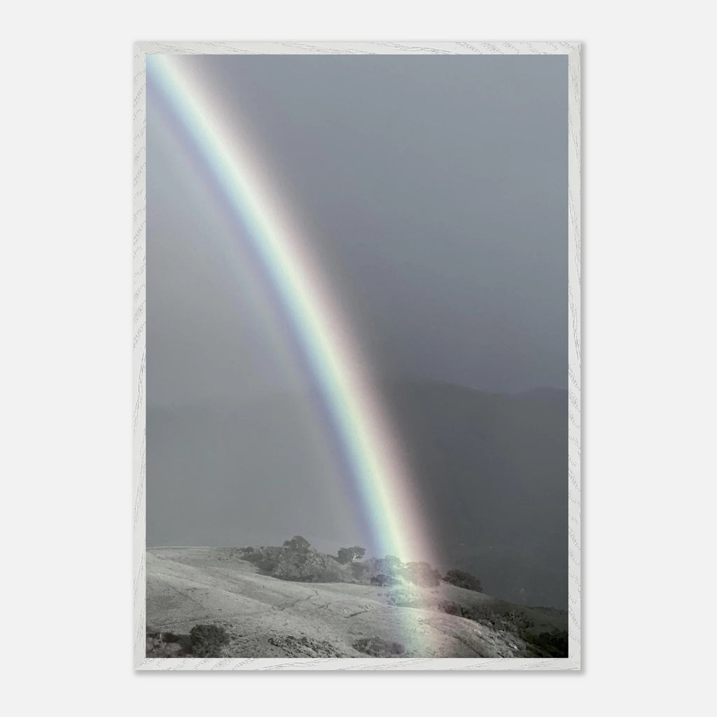 Black and white framed poster of a post-summer storm rainbow from the California Central Coast travel collection, studio edition print.