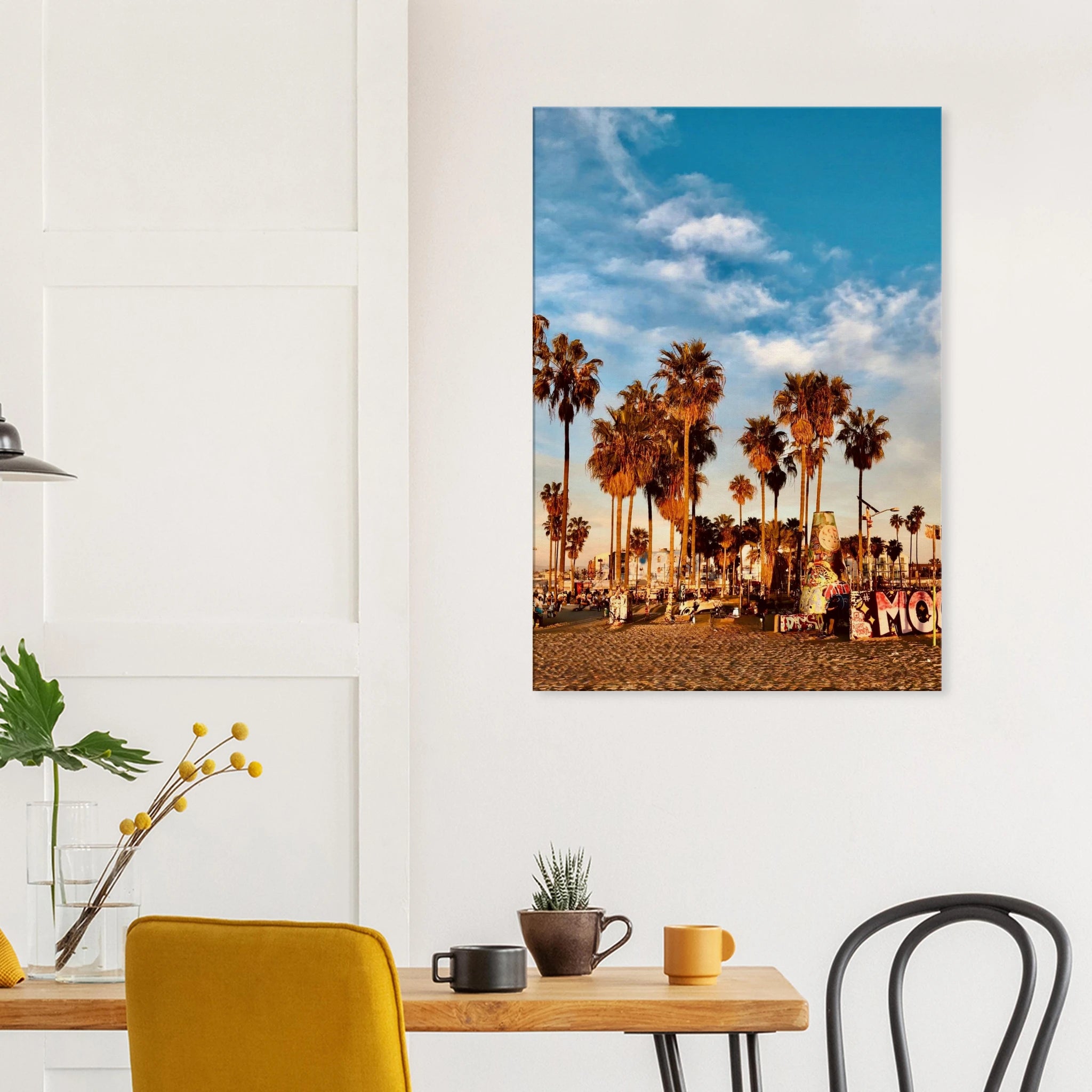 SoCal Beach canvas print featuring edgy palm trees and graffiti design, depicting a California beach oasis in a studio edition.