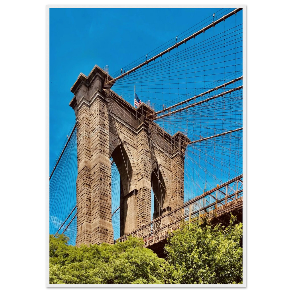 Framed NYC Brooklyn Bridge poster featuring a vibrant Dumbo view, part of the Studio Edition travel collection, printed on high-quality material.