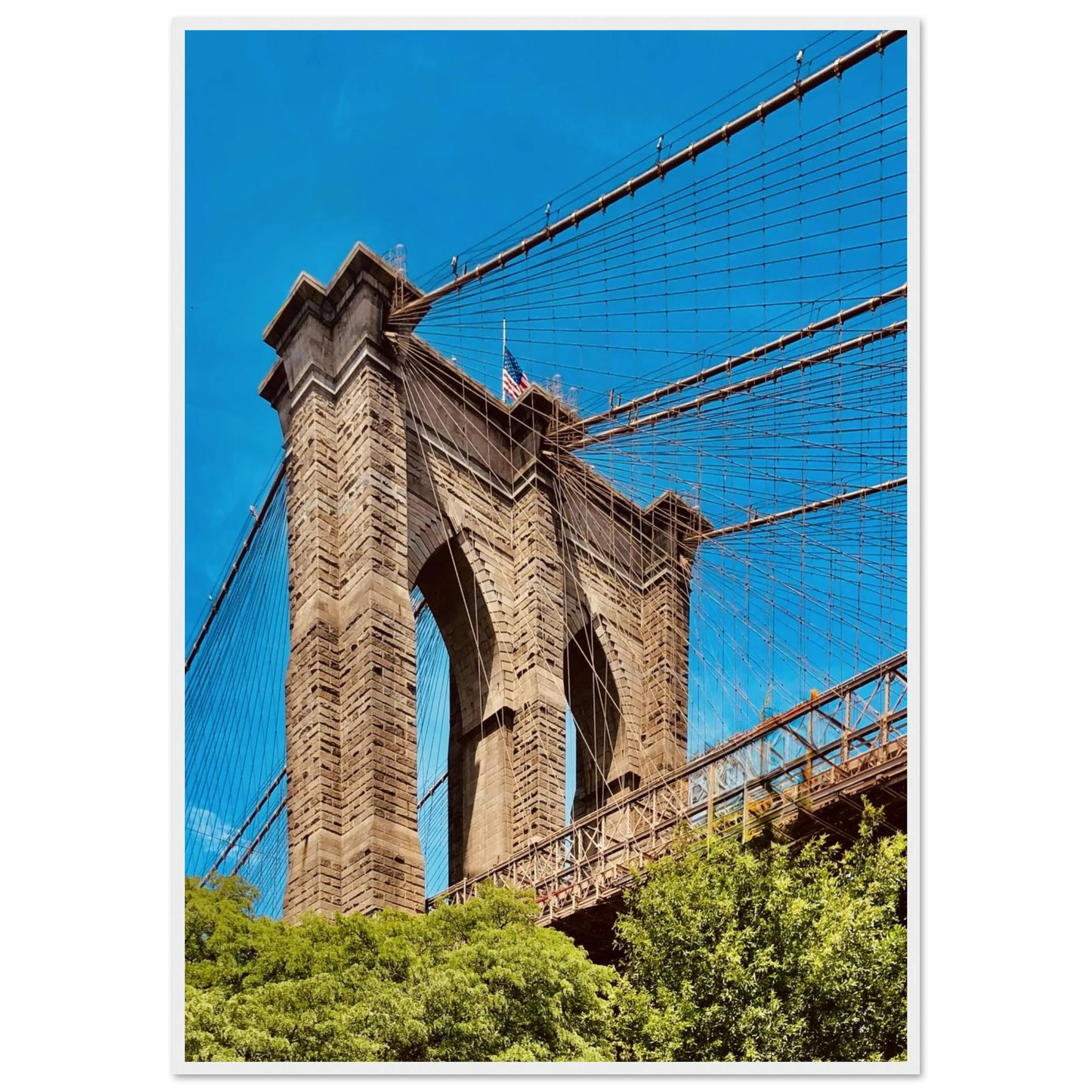 Framed NYC Brooklyn Bridge poster featuring a vibrant Dumbo view, part of the Studio Edition travel collection, printed on high-quality material.