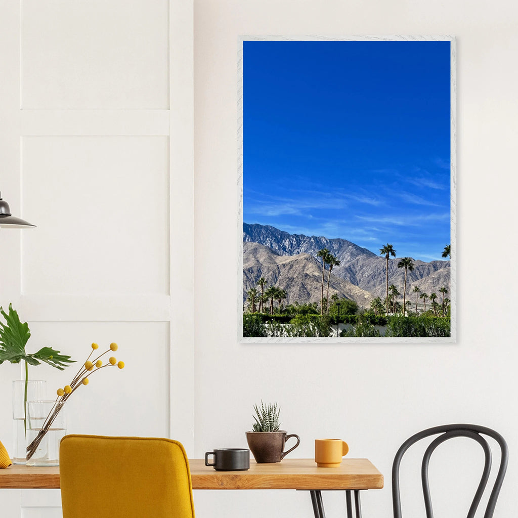 Premium wooden framed poster of a sunny fall day in Palm Springs California, featuring vibrant autumn scenery and studio-quality print.