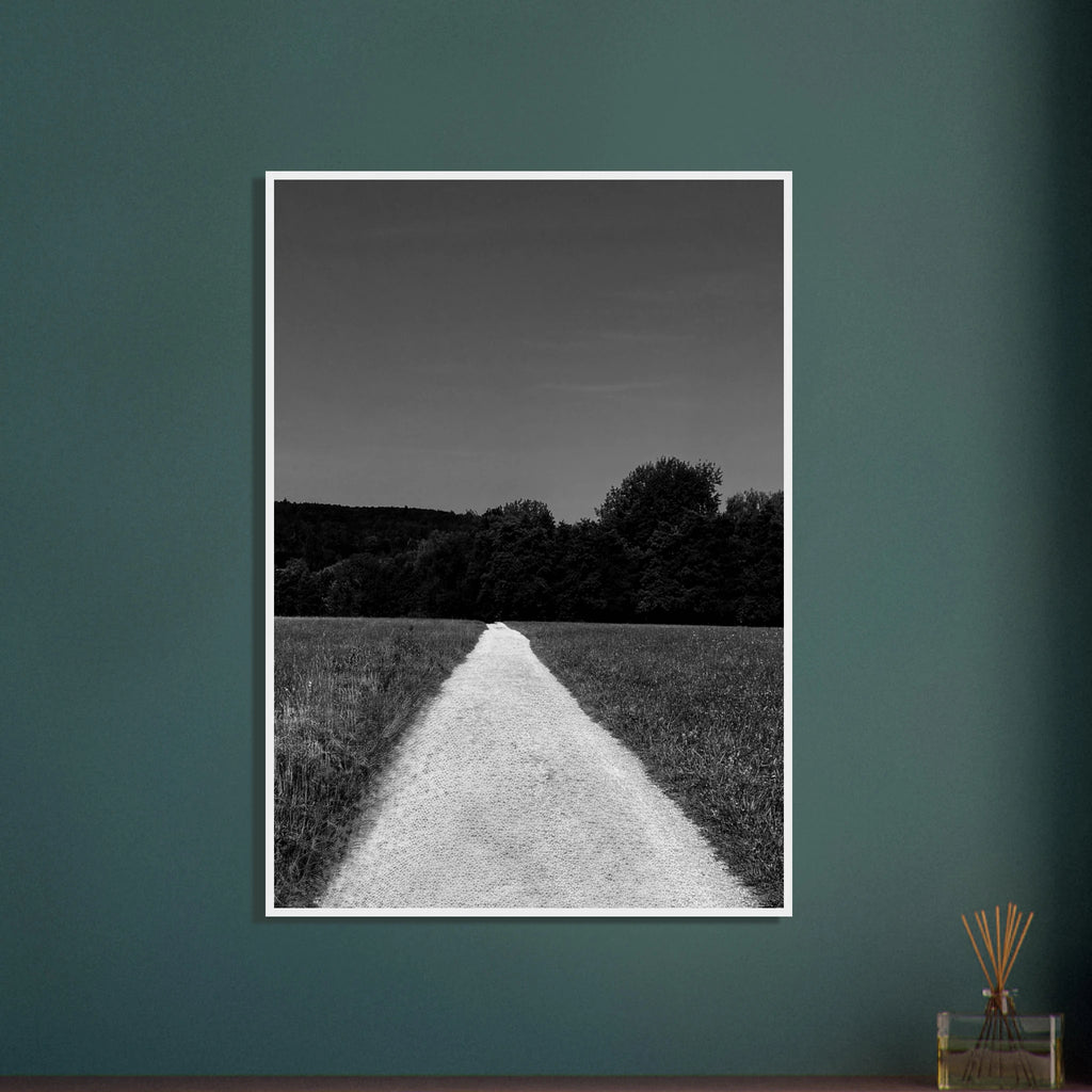 Black and white wooden framed poster of a summer road scene from the Travel Collection print by My Store, featuring timeless travel imagery.