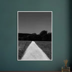 Black and white wooden framed poster of a summer road scene from the Travel Collection print by My Store, featuring timeless travel imagery.