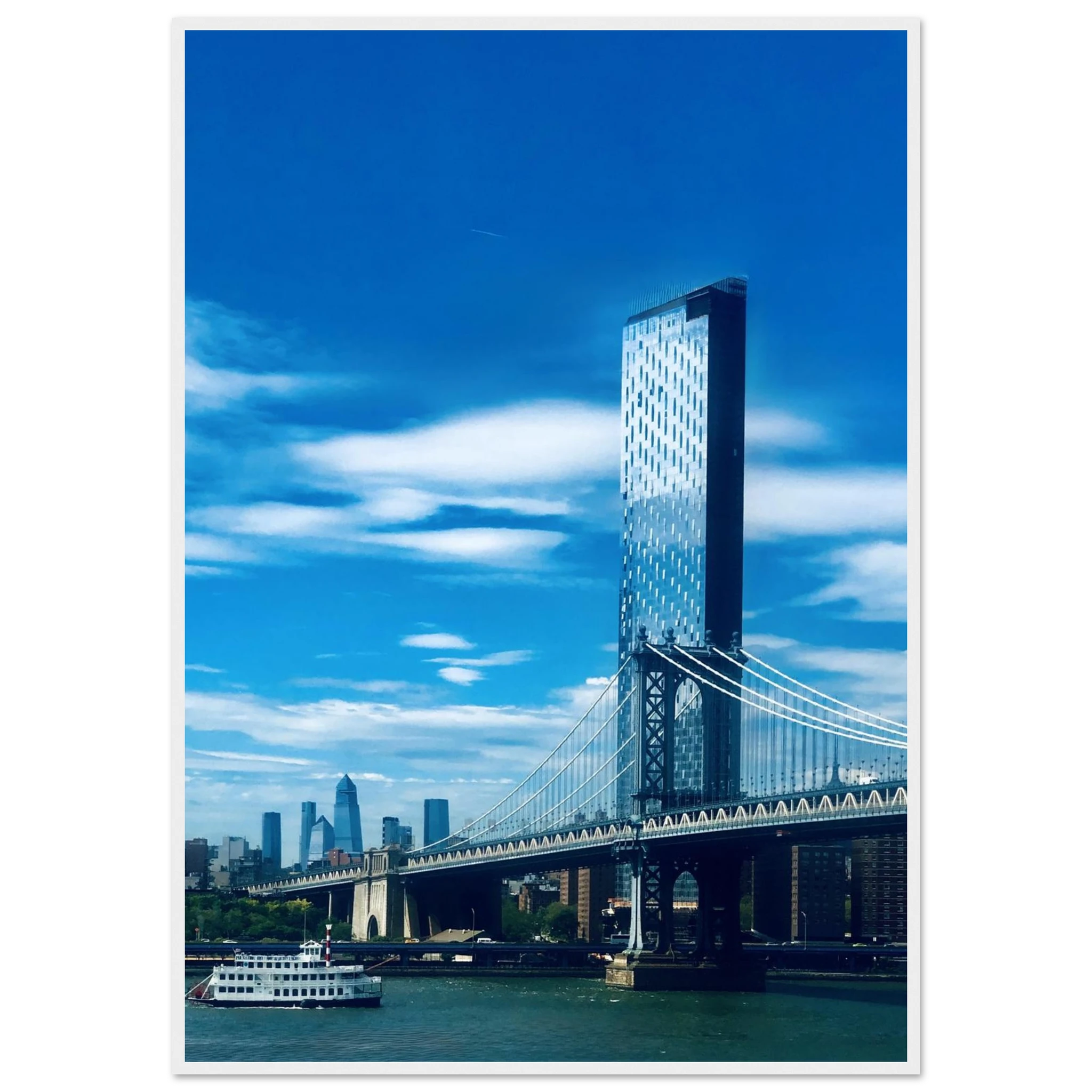 Framed NYC Manhattan Bridge and East River urban photography print by My Store, showcasing iconic New York City scenery.
