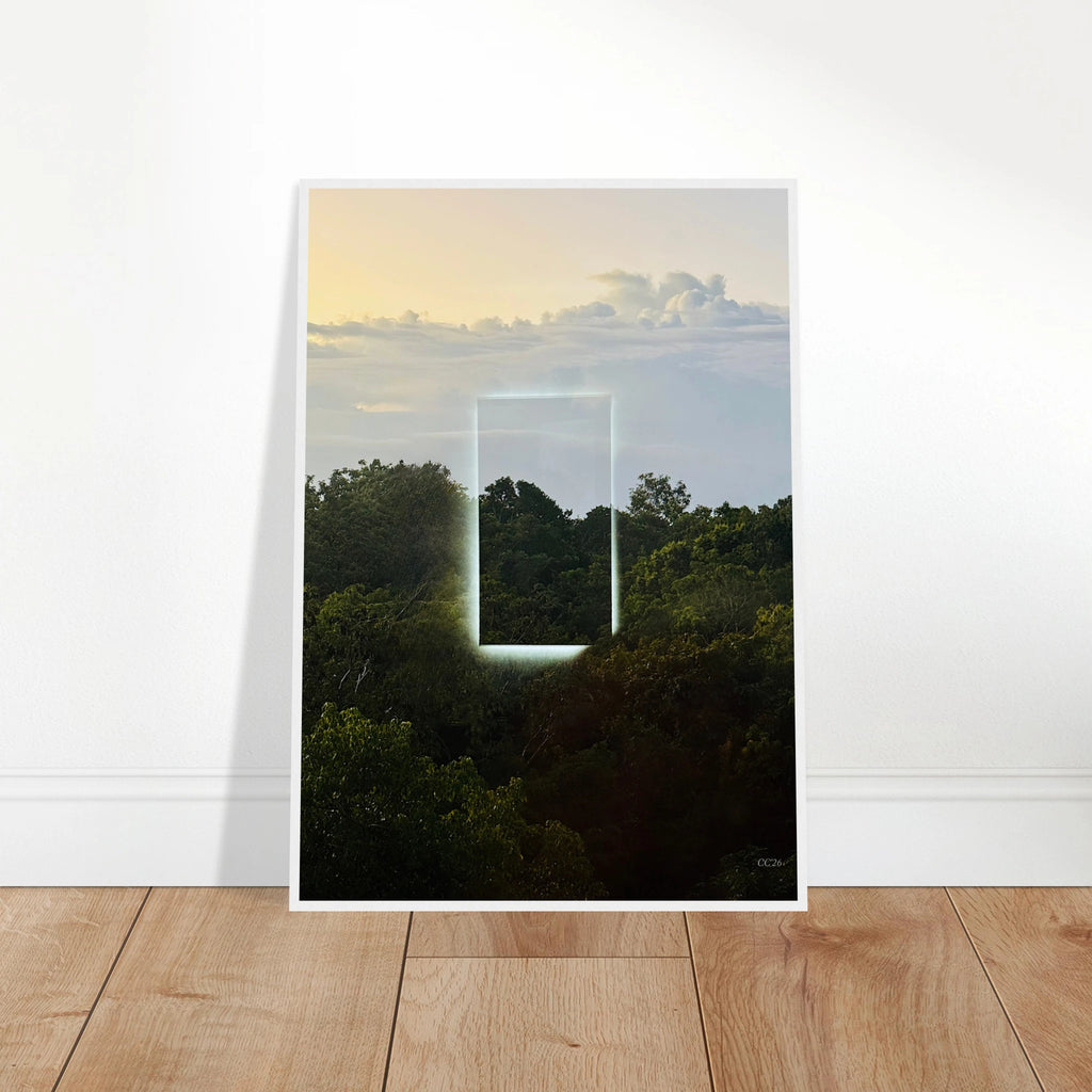 Color print titled "A Window into Jungle Stillness" by CaliCuration, showcasing serene jungle scenery with lush greenery.