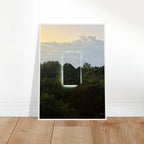 Color print titled "A Window into Jungle Stillness" by CaliCuration, showcasing serene jungle scenery with lush greenery.