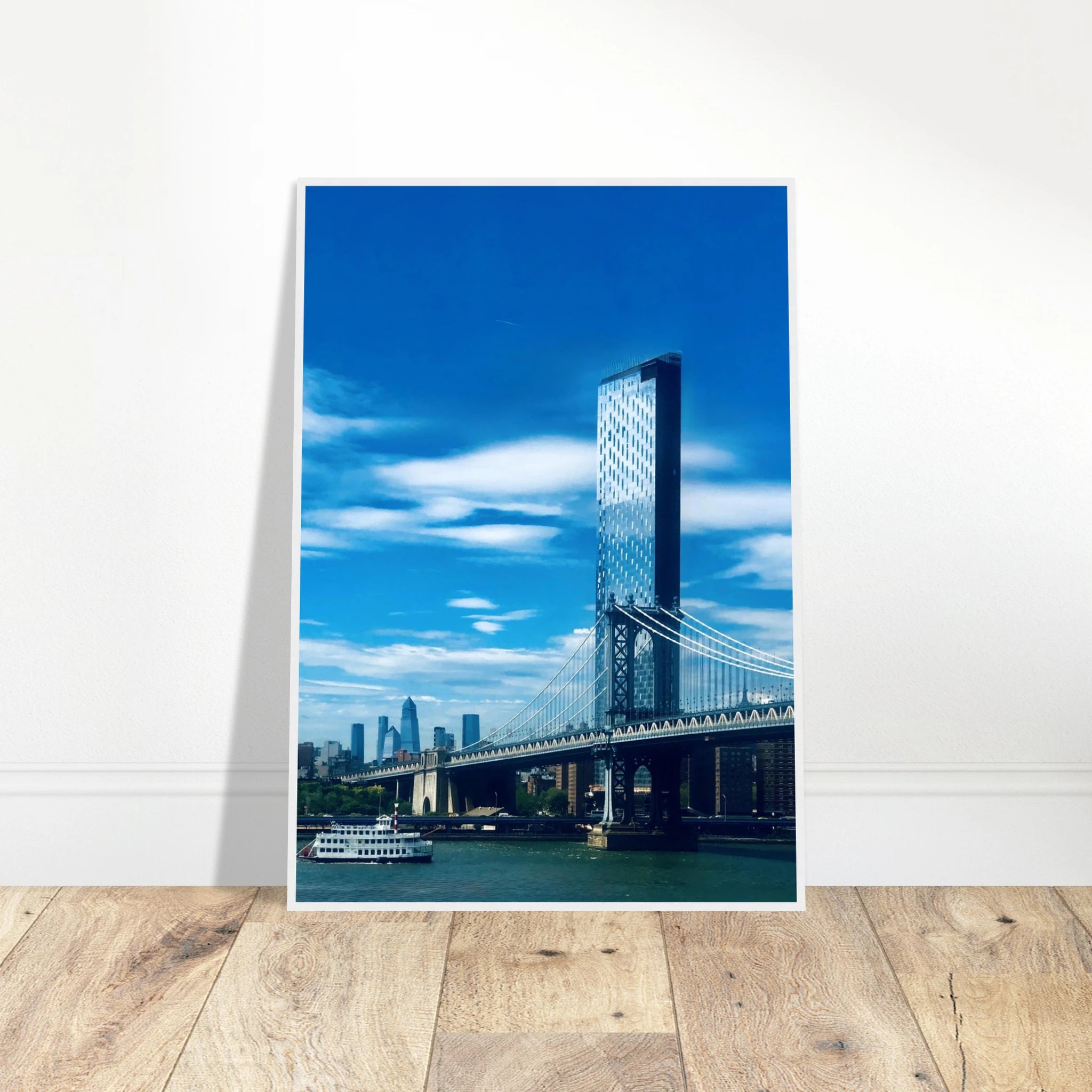 Framed NYC Manhattan Bridge and East River urban photography print, showcasing iconic New York City skyline scenery.